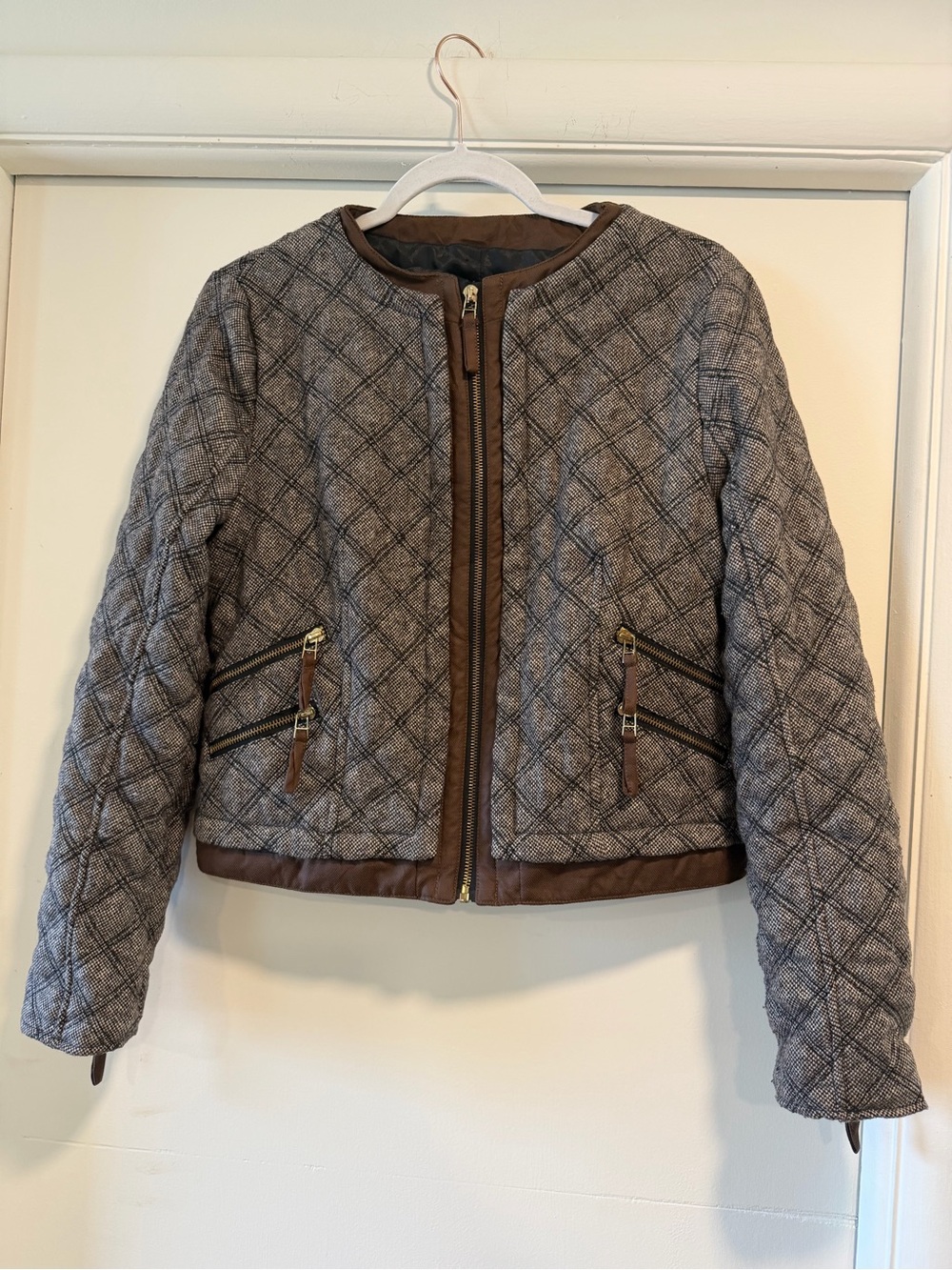 Zara Quilted Gray Jacket with Brown Trim